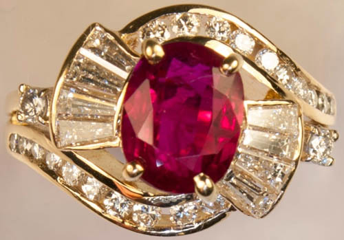 Ladies 14K white and yellow gold Rubalite Tourmaline and Diamond ring. © Photography by, Lane & Margaret of Newport Ebay Solutions.