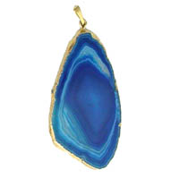 Agate Slice Gold Plated Pendant...Cut from beautiful small Brazilian agates (Sample shown enhanced to a beautiful ultra marine sea blue) also available as pendants in pink, green, yellow or orange sliced nodules with concentric banding or scenic swirls in a variety of shades within the interior. Delicately trimed in 24kt gold or silver electroplate, each thin sliced agate pendant measures approximately 2 - 3 inches long and 1 - 1ï¿½ inches from side to side. Please remember we are dealing with nature and must allow for natural variations, as each piece will vary slightly in size and shape. Made to be worn as a pendant on a delicate chain, silk cord or ribbon. In stock and ships immediately.