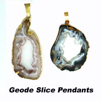 Budget friendly gifts of jewelry under $10.00 Beautiful samples of gold trimmed minicoco agate & geode sliced crystal pendants.