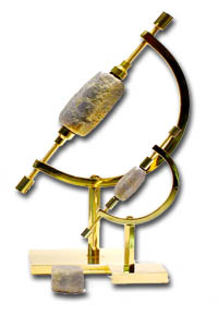 Gold plated crescent shaped - caliper stands or solid brass display stands, SOLD OUT!  The sleek design of the calipers shows off your collectable: gemstones, shells, fossils, crystals and more very elegantly.  They come with rubber pads on the inside of the screw tips to protect the item held and are (calipers shown here) are gold plated over solid brass.  Other brass styles may include an animal motif.