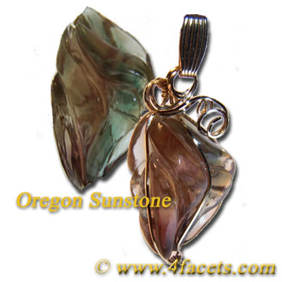 Custom wire wrapped pendant by Kay the New Owner of FACETS. Click here to learn more about the Oregon State Gemstone the Sunstone.